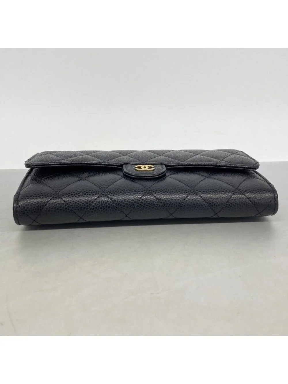 Chanel Wallet Quilted Caviar Leather Black Gold
